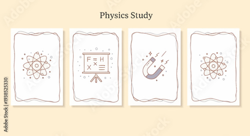 Physics Study Concept: Atom, Formula, Magnet Icons on Beige Background