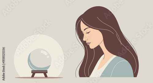 Woman gazing at a crystal ball with a contemplative expression.