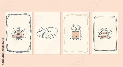 Spa and wellness icons: stacked stones, rolled towel, and burning candle