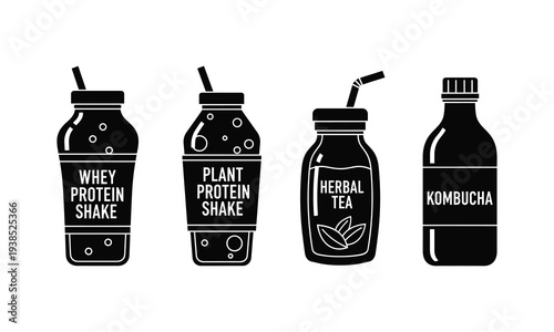 Four black and white illustrations of bottled beverages with labels