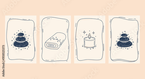Spa Icons: Hot Stones, Towel, Candle, and Zen Stones on Beige Background