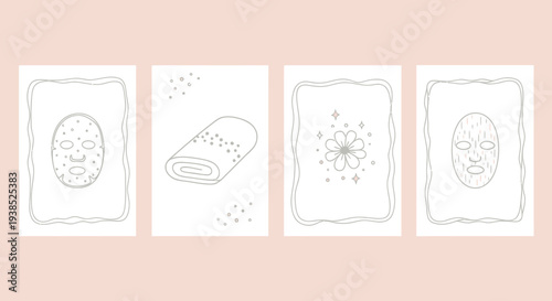 Hand-drawn Skincare Routine Icons: Face Mask, Rolled Towel, Flower