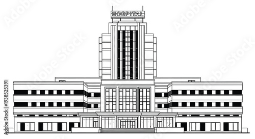 Detailed line drawing of a large art deco style hospital building with a prominent sign