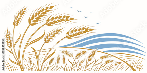 Golden wheat stalks swaying in a gentle breeze by a calm blue river Vector