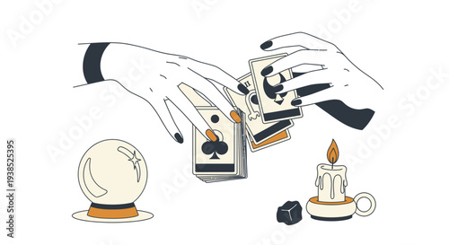 Fortune Teller's Hands Holding Tarot Cards with Crystal Ball and Candle.