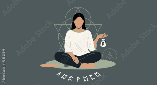 Woman meditating with hourglass in a serene environment.