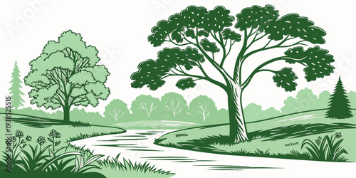 A serene landscape featuring a winding path surrounded by lush trees Vector