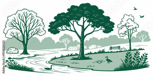 A serene winter landscape with snow-covered trees and a peaceful river Vector