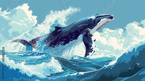 Jumping whale illustration aquatic mammal breaching ocean waves and blue sky