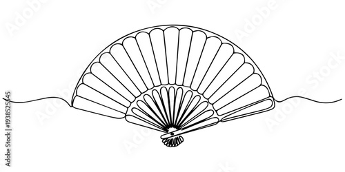 Japanese  folding fan one line art drawing, Minimalist continuous one line drawing of traditional folding hand fan for cooling and fashion accessory. Editable stroke outline. Single contour art. Doodl