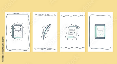 Hand-drawn literary icons: books, feather pen, scroll, and notepad on pastel background