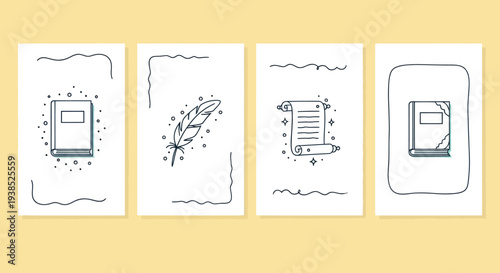 Creative Writing and Storytelling Icons: Book, Quill, Scroll