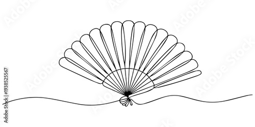 Japanese  folding fan one line art drawing, Minimalist continuous one line drawing of traditional folding hand fan for cooling and fashion accessory. Editable stroke outline. Single contour art. Doodl