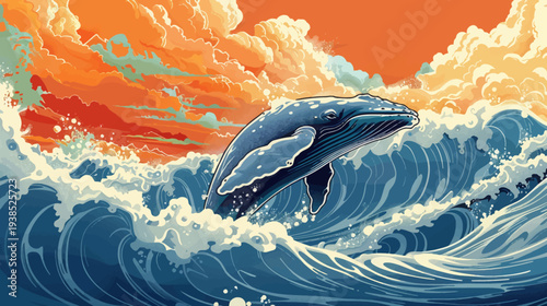 Vibrant whale surfing waves beneath dramatic orange sky abstract illustration