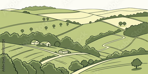 A picturesque landscape of rolling green hills and valleys under a clear blue sky Vector