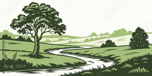 A serene landscape with a winding river and lush greenery in the countryside. Vector