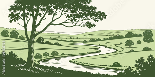 A serene landscape with a lone tree standing tall amidst rolling green hills Vector