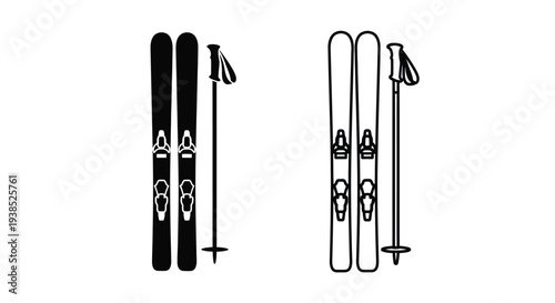 Two pairs of skis and poles in a stark black silhouette