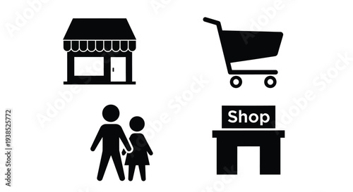 Shopping icons featuring a store cart family and sign silhouette