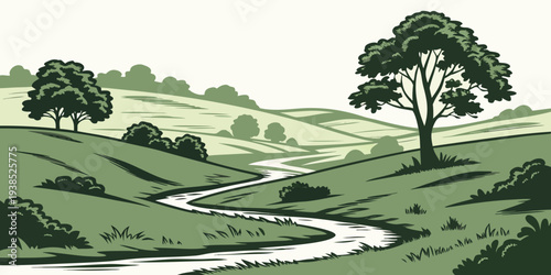 A serene landscape with a winding river and lush green hills in the distance Vector