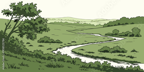A serene landscape with a winding river and lush greenery on a sunny day Vector