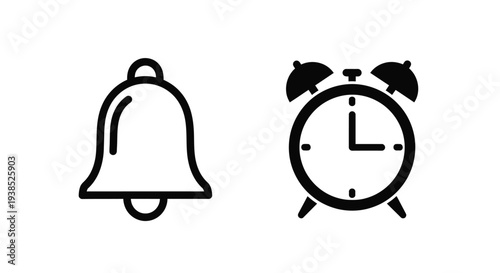 Simple black icons of a bell and alarm clock silhouette