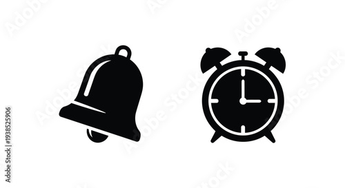 A black bell and classic alarm clock depicted in a striking silhouette
