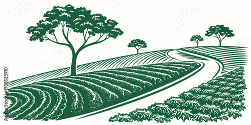 A serene landscape with a winding road surrounded by trees and rolling hills Vector