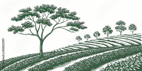 A serene landscape with a single tree standing tall on a rolling hillside Vector