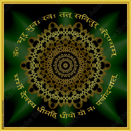 gold mandala mantra om. Indian pattern decorative vector elements. Round golden flower. emerald glow