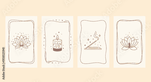 Boho Spiritual Cards: Lotus, Candle, Incense Stick, Meditation Icons