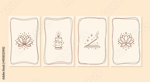 Boho Lotus Flower, Candle, Incense Stick Line Art Cards