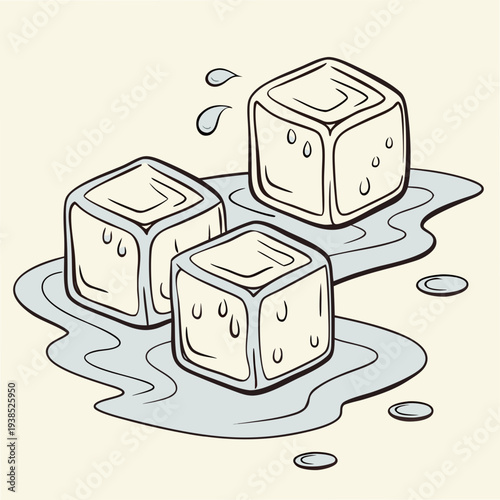 Four cubes of ice melting on a reflective surface with water droplets nearby. Vector