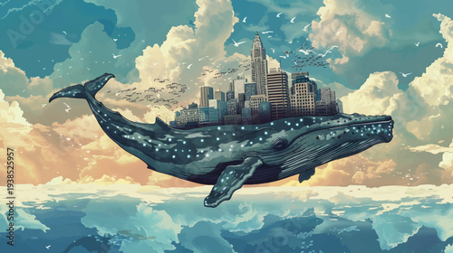 Fantasy artwork whale carrying a city through a colorful dreamscape