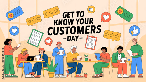 Diverse group of people interacting at tables with laptops and documents on get to know your customers day