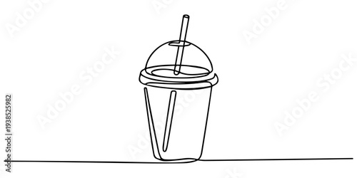 plastic cup with dome lid and straw continuous one line drawing, Minimalist line drawing of a disposable plastic drink cup with a dome lid and a striped straw filled with liquid for beverage packaging