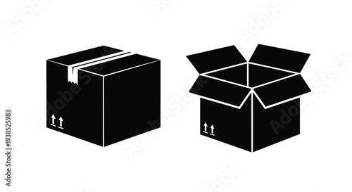 Two cardboard boxes one closed and one open in black silhouette