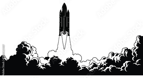 A black and white illustration depicts a space shuttle launching with fiery exhaust and clouds