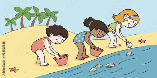 Children playing on the beach with colorful beach toys and a dog Vector