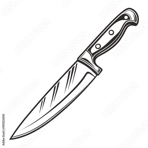 A sharp, serrated chef's knife with a wooden handle and a protective sheath. Vector