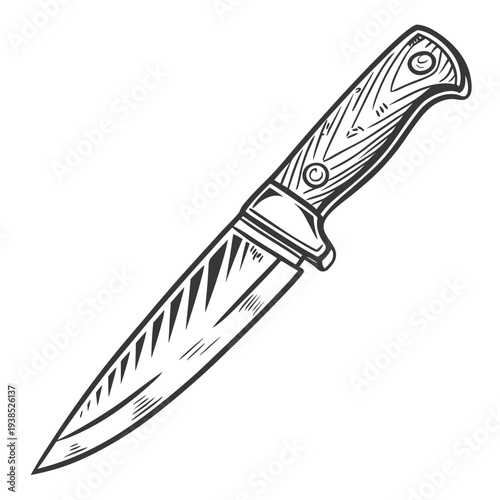 A detailed illustration of a hunting knife with a wooden handle and a serrated blade. Vector