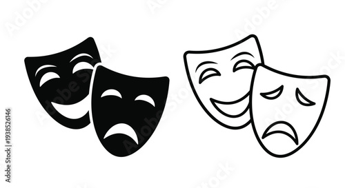 Two theatrical masks one black and one white in stark contrast silhouette