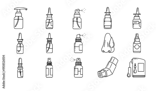 Nasal spray bottle linear icons vector medical nose treatment outline set