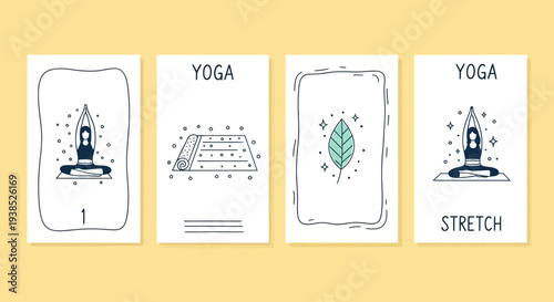 Yoga Poses Cards Set with Mat and Leaf Illustration