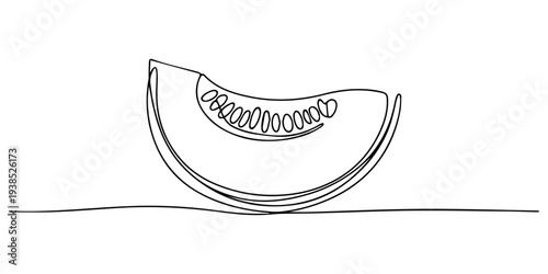 Minimalist continuous one line drawing of a fresh melon slice vector art, Slice of honeydew melon, Continuous line drawing of a melon slice with seeds. editable strokes, sliced healthy organic melon.