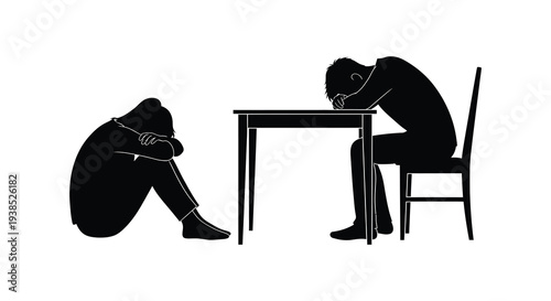 Two figures are depicted in a silhouette exhibiting signs of sadness and emotional distress high quality