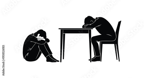 Two figures exhibiting distress one slumped over a table and another curled in despair high quality