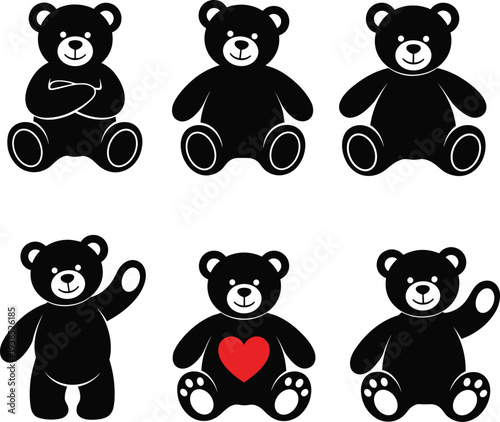 Teddy bear silhouettes, sitting and waving poses, heart detail, black vector set, cute icons, toy illustration, playful character design