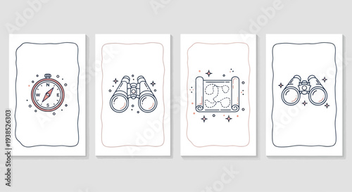 Adventure and Exploration Icons: Compass, Binoculars, Map on White Background