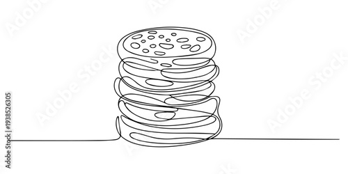 Stack of crumpets continuous one line drawing, Stack of illustrated round light brown baked goods with small dots,  Crumpet griddle, Pita Pita, Tortilla flatbread PNG, Transparent background, minimal.
